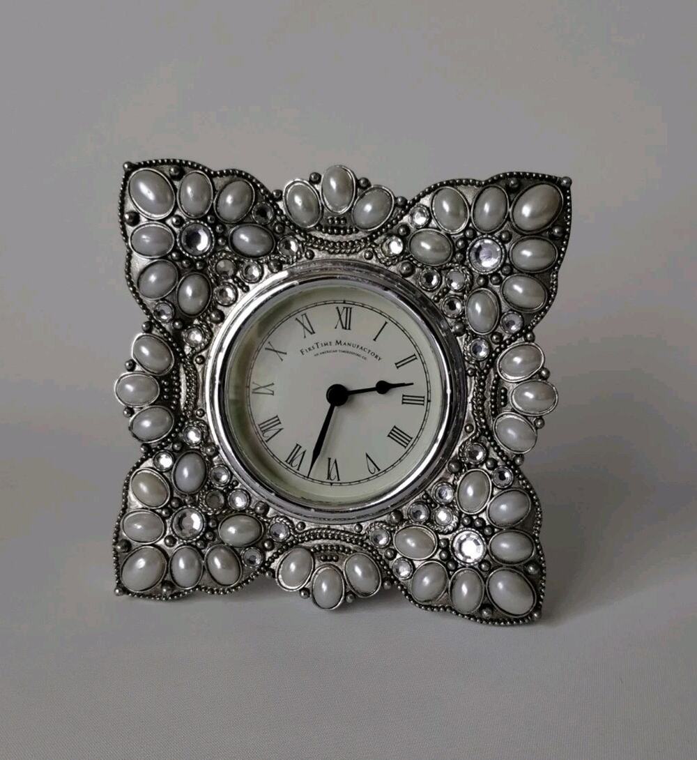 FirsTime Manufactory Tabletop Metal Ornate Jeweled Battery Operated Clock 6x6"